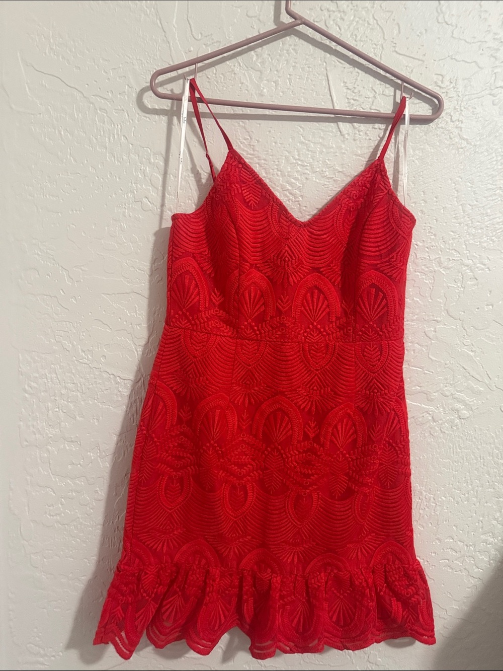 Lulu's Red Lace Mini Dress with Ruffle Hem